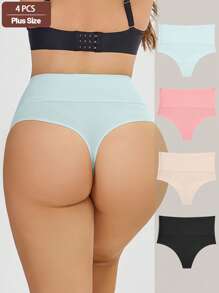 4pcs Plus Size Women Solid Mesh High Waist Soft Seamless High Elasticity Thong Panties, Ladies Underwear