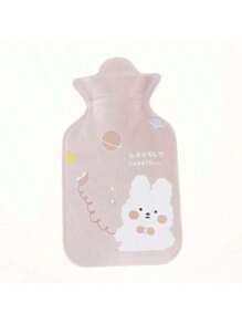 1pc Cartoon Print Water Injection Hot Water Bottle, 300ml, Flocked PVC Material