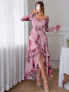 Vestido largo de manga larga con volantes y estampado de rosas en dos capas, elegante y sexy, estilo Y2K romántico, para vacaciones y primavera, color rosa - Rosa - Ver 6