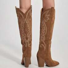 Womens Cowboy Knee High Boots Cowgirl Boots Western Boots With Embroidered Pointed Toe Chunky Heel Slip On Retro Tall Boots