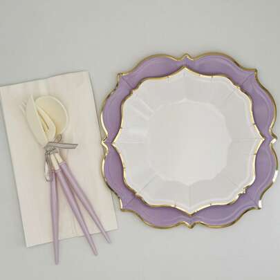 60pcs Purple And White With Golden Foil Disposable Paper Plates For Party/Wedding/Birthday 30 Lunch Plates And 30 Dessert/Salad Plates