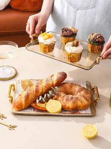 1 件现代简约奢华设计托盘带手柄，适用于甜点、蛋糕、小吃、婚礼、家居使用 - 金色 - 查看 4