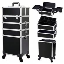 UBRAVOO 4 In 1 Beauty Case Rolling Cosmetics Organiser Makeup Vanity Case Lockable Hairdressing Trolley Black - Black - View 1