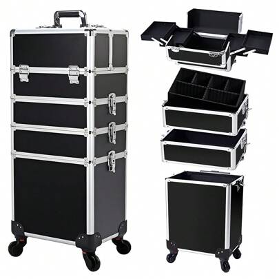 UBRAVOO 4 In 1 Beauty Case Rolling Cosmetics Organiser Makeup Vanity Case Lockable Hairdressing Trolley Black