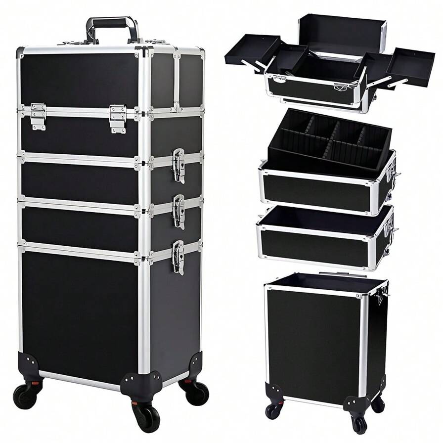 UBRAVOO 4 In 1 Beauty Case Rolling Cosmetics Organiser Makeup Vanity Case Lockable Hairdressing Trolley Black - Black - View 1