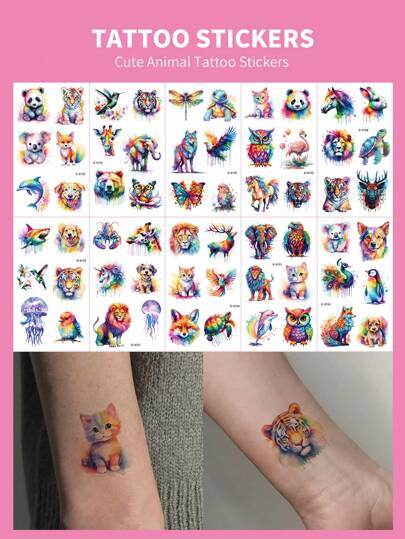 10 Pcs Temporary Tattoo Set, Cute Colorful Cartoon Animal Designs For Wrist, Arm, Body, Water-Resistant Fake Tattoo Sticker