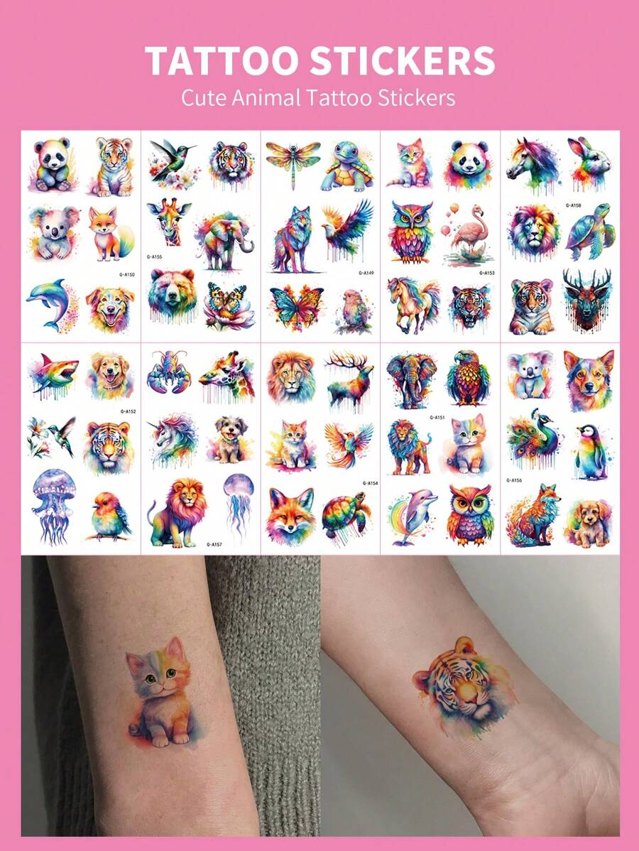 10 件临时纹身套装，可爱彩色卡通动物图案，适用于手腕、手臂、身体，防水假纹身贴纸 - 彩色 - 查看 1