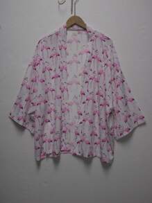 Men's Japanese Style Kimono Shirt, Vintage Open Shirt, Flamingo Printed Beach Holiday Top, Flowy Soft Breathable Yoga Apparel - White - View 2