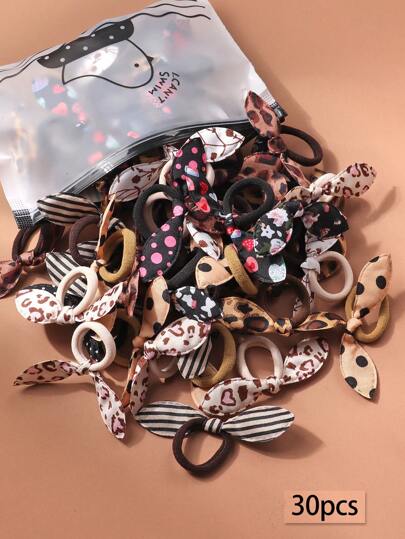30个咖啡色兔耳打结发圈，小巧可爱卡通发绳，适合女性日常造型、户外、派对、公主娃娃发饰，带收纳袋，可作礼物，发绳马尾辫头饰橡皮筋