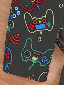 2件套卡通游戏手柄印花男童睡衣套装，圆领长袖上衣和印花长裤，休闲睡衣套装，适合所有季节