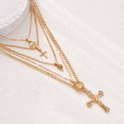 5pcs/Set Vintage Zinc Alloy Gold Color Cross, Lotus, Palm Tree, Virgin Mary Pendant Necklaces, Fashion Portrait Multilayer Necklace, Creative Personalized Jewelry For Daily Wear