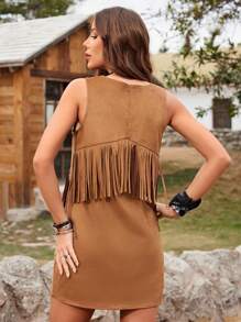 RELISH NOLESS Woman Spring Summer Outfits Country Concert Casual Vacation Western Wear Boho Suede Fringe Dress - Camel - View 2
