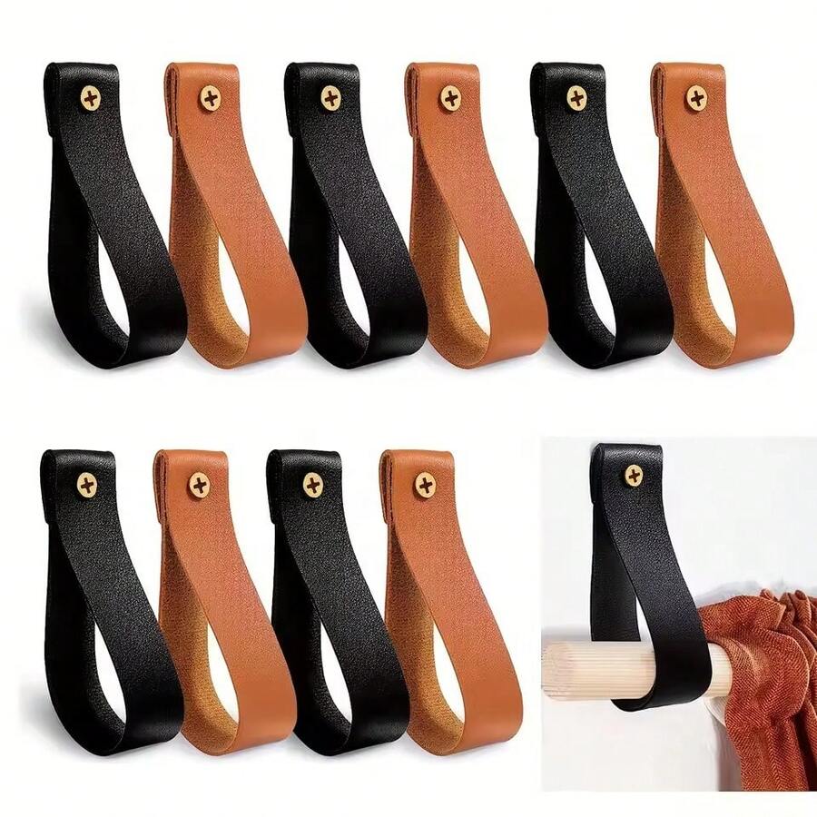 6pcs Faux Leather Wall Hooks, Faux Leather Curtain Rod Brackets, Faux Leather Straps, Faux Leather Towel Hanging Hooks, Free Screws, Suitable For Bathroom, Kitchen, Bedroom, Curtain Rod Brackets, Wooden Curtain Rod Rings With Straps, Towel & Blanket Hanging Hooks - Multicolor - View 1