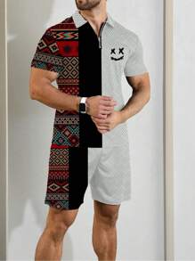 Set de 2 piezas de ropa deportiva de verano para hombre, camisa con cremallera de manga corta con estampado retro y pantalones cortos con estampado retro, estilo casual de calle para hombres