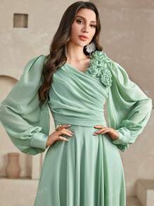 Vestido de mujer de unicolor con escote cruzado en V, plisado, manga abullonada con flor 3D