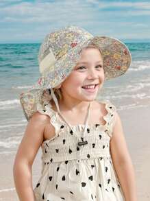 1 pieza Nuevo sombrero de sol con estampado floral pequeño para niña, ajustable, con correa a prueba de viento y malla transpirable, sombrero de playa de verano con pañuelo para niños