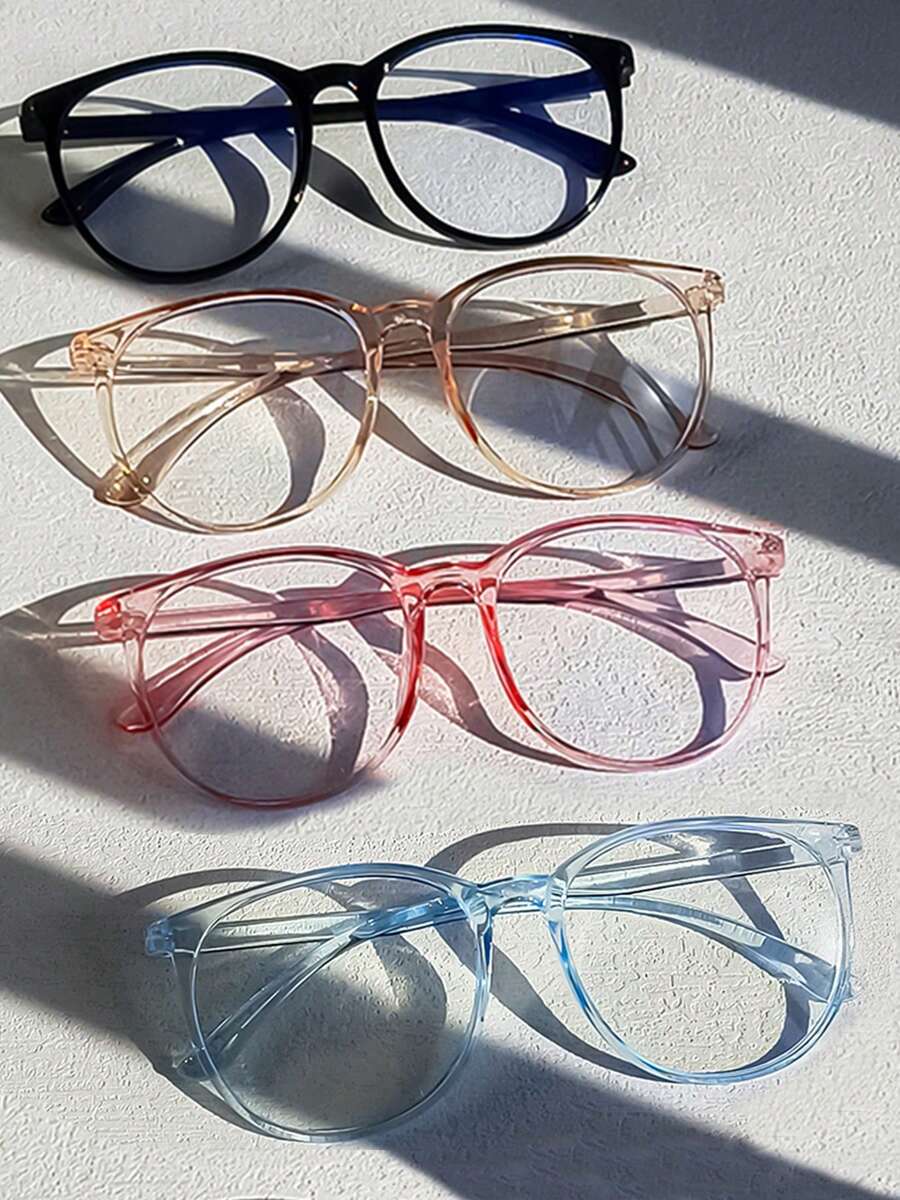 Bộ 5/4/3 chiếc kính gọng tròn lớn màu đen, trong suốt, hồng, xanh dương dành cho nữ, kiểu dáng tối giản, tròng kính trong suốt, phù hợp với trang phục đi học, quà tặng ngày lễ. - Đen+vàng+hồng+xanh - Xem 1