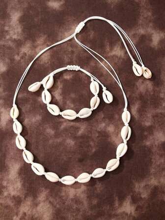 Set de 2 collares choker y pulseras ajustables de cuerda trenzada con conchas naturales, para niñas, regalo de joyería para vacaciones en la playa