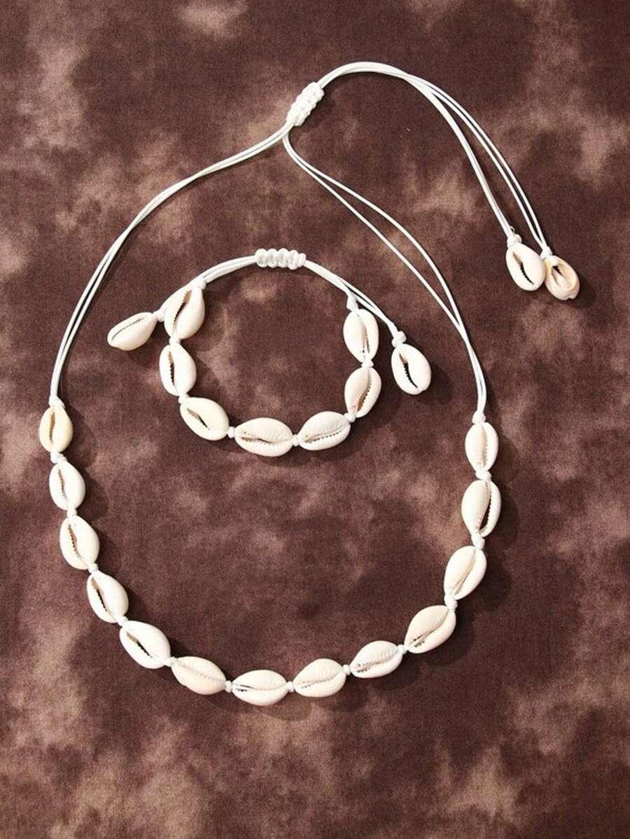 2pcs/Set Shells Natural Hand Knitting Chain Rope Girl Choker Bracelets Beach Holiday Jewelry Gift Adjustable