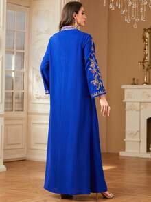 Women's Casual Spring/Summer Floral Embroidery Arabic Style Long Sleeve Dress, Modest Kaftan - Blue - View 3
