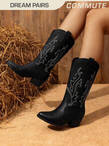 Women's Western Cowboy Boots Slip On Fashion Embroidery Pointed Toe Low Heel Chunky Outdoor Commuter Mid-Calf Black Boots - 黑與白 - 查看 1