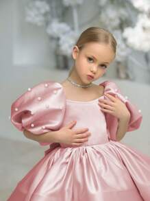 年轻女孩优雅公主薄纱连衣裙，带珍珠、泡泡袖和蝴蝶结，适合生日派对、婚礼、表演、花童、派对、节日庆典