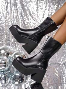 Platform Ankle Boots For Women High Heel Round Toe Womens Fashion Work Combat Boots Punk Motorcycle Booties Black Block Heel Party Boots - 黑色 - 查看 1