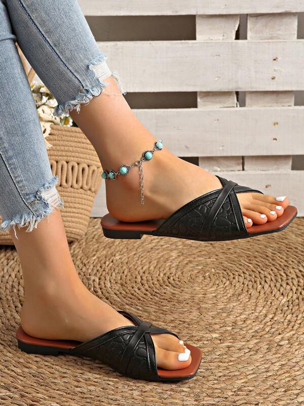2025 New Flat Women Summer Slippers Sandals, Embossed PU Leather, Elegant Flat Edge Design, Rubber Sole, Wear-Resistant Anti-Skid, Soft And Comfortable, Suitable For Summer, Autumn, Beach, Holiday, Party, Outdoor Activities, Beach, Flats, Slippers, Fashion Style, Modern Minimalist Style