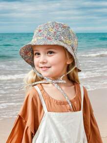 1 pieza Nuevo sombrero de sol con estampado floral pequeño para niña, ajustable, con correa a prueba de viento y malla transpirable, sombrero de playa de verano con pañuelo para niños