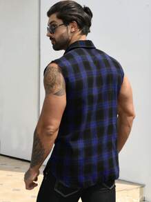Men's Front Button Closure Pocket Sleeveless Plaid Shirt - Multicolor - View 2