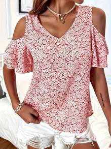 女士荷叶边 V 领短袖荷叶边饰衬衫