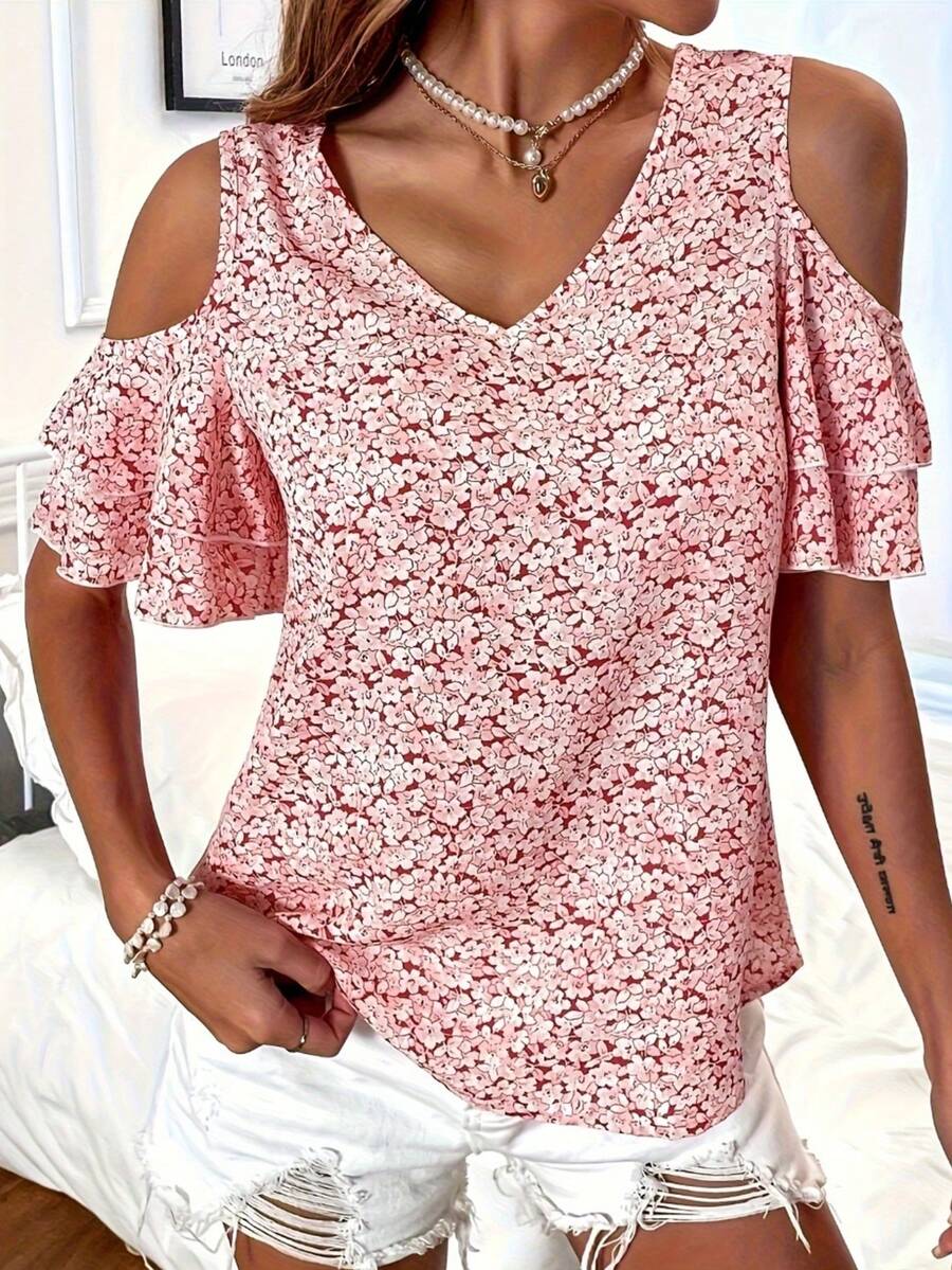 女士荷叶边 V 领短袖荷叶边饰衬衫