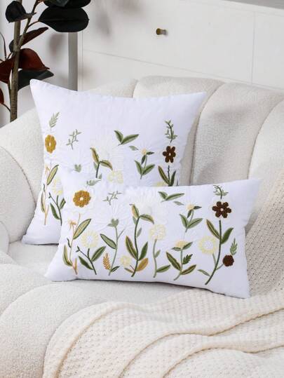 Floral Decorative Pillow Cover, Canvas Embroidery Decor For Living Room, Bedroom, Spring/Summer