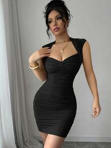 Women Solid Color Elegant Ruched Bodycon Midi Dress - Black - View 2