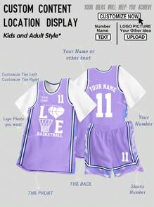 Set de 2 piezas personalizado para niños preadolescentes: Camiseta de baloncesto de manga corta + pantalones cortos con texto, número y logo impresos - Ropa deportiva para uso en equipo primavera/verano