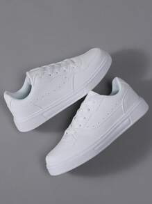 White PU Leather Low-Top Casual Sneakers For Men, Round Toe Lace-Up Flat Bottom Soft Sole Spring/Autumn
