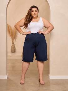 Plus Size BLVD Tailored Bermuda Shorts With High Waist, Elastic Waistband With Adjuster And Knife Pockets - 藏蓝色 - 查看 3