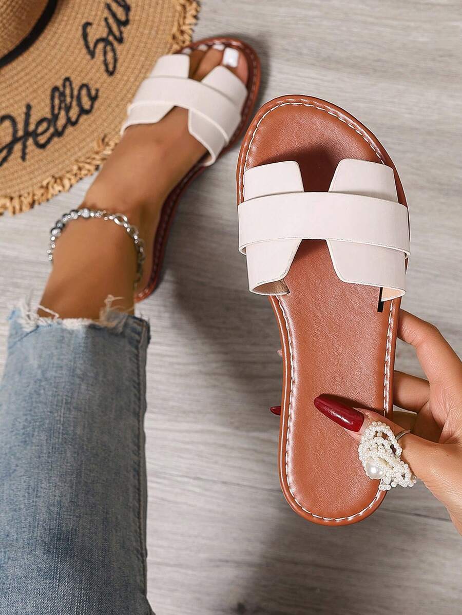 Korean Style Casual Flat Sandals, Open Toe, Woven Roman Design, Suitable For Spring, Summer, Fall, Beach, Outdoor, Dress, Holiday, Fashion Comfortable Flat Slippers For Women In Brown Color - Beige - View 1
