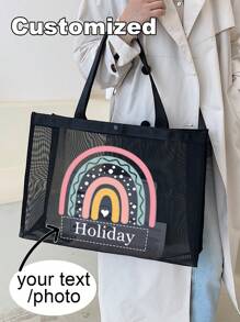 Custom Text Mesh Tote Bag,Rainbow Pattern Custom Tote Bag,Customized Beach Bags,Nylon Material Alphabet Printed Beach Mesh Tote Bag With Beach Bag,Mother's Day Gifts,Nurse Gifts,Can Be Customized To Your Unique Design,Use Tt Yourself Or Give Gifts To Others,Personalized Gifts - Black - View 1