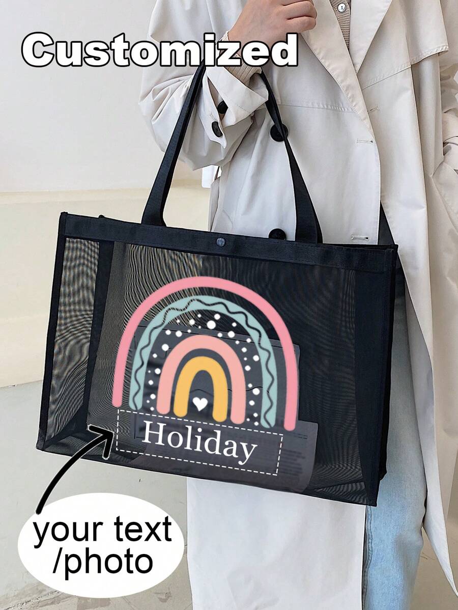 Custom Text Mesh Tote Bag,Rainbow Pattern Custom Tote Bag,Customized Beach Bags,Nylon Material Alphabet Printed Beach Mesh Tote Bag With Beach Bag,Mother's Day Gifts,Nurse Gifts,Can Be Customized To Your Unique Design,Use Tt Yourself Or Give Gifts To Others,Personalized Gifts - Black - View 1