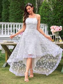 UNITHORSE 露肩、落肩、收腰、3D 花卉装饰短款婚纱，迷人优雅，新娘全白派对装女士 - 白色 - 查看 3