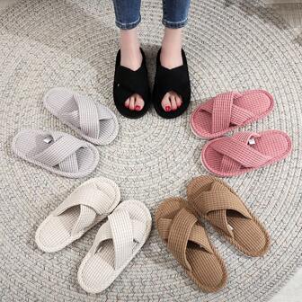 男女通用时尚交叉设计华夫格纹拖鞋 - 柔软透气面料 - 防滑 EVA 鞋底