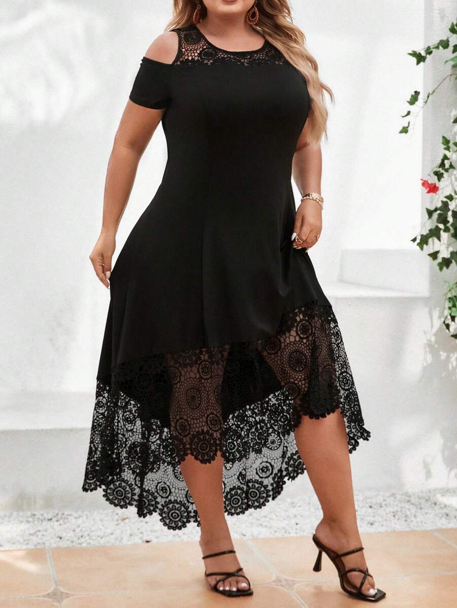 Plus Size Lace Patchwork Off Shoulder Sleeve Dress - Black - View 1