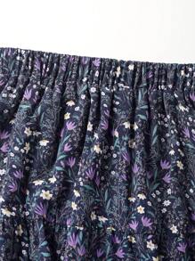 EARO 女式海军蓝碎花 A 字裙，高腰休闲宽松度假优雅设计拼布褶皱长裙，春秋 - 藍色 - 查看 10