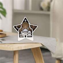 Letrero de mesa Eid Mubarak con forma de estrella rústica, placa de Ramadán tallada en madera, centro de mesa para el hogar - Plateado - Ver 5