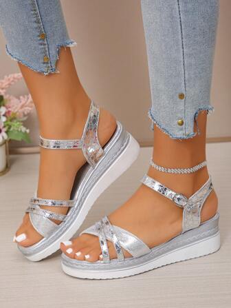 女士厚底坡跟凉鞋，纯色系带休闲凉鞋，适合海滩、婚礼、户外、夏季