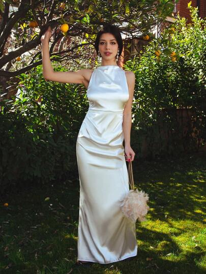 Round Neck Backless Crisscross Tie Up Trim Mermaid Hem Ruched Bodycon Semi Formal Wedding Guest Dress, Party Cocktail Dress