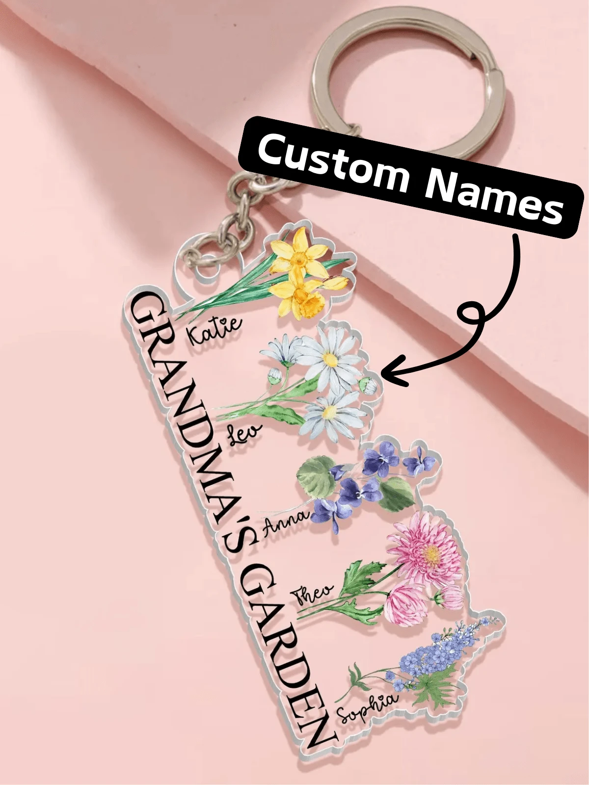 1-Pack Personalized Acrylic Mama Keychain Customizable Title And Names Floral Garden Design Round Shape Mother's Gift With Gift Box Christmas Birthday Mother's Day Present For Mom Grandma Nana Auntie,Birthday Gift - Multicolor - View 1