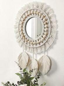 1 szt. Makrama Wiszące lustro do makijażu, Boho Style Wall Decor Round Tapestry Acrylic Mirror, Ręcznie tkane liście na krawędziach wiszące na ścianie, Dekoracja do salonu, sypialni, biura