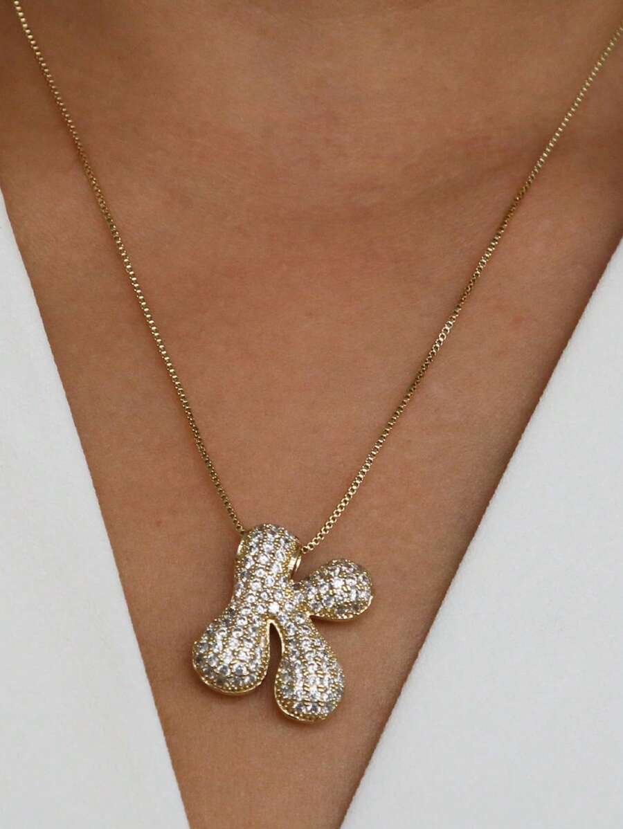 1 pieza Collar con colgante de letra de circonita cúbica súper brillante para mujer, collar con colgante de letra geométrica 3D, collar con colgante de lujo vintage de cobre, joyería con colgante de 26 letras delicada, regalo para chicas - Dorado - Ver 1
